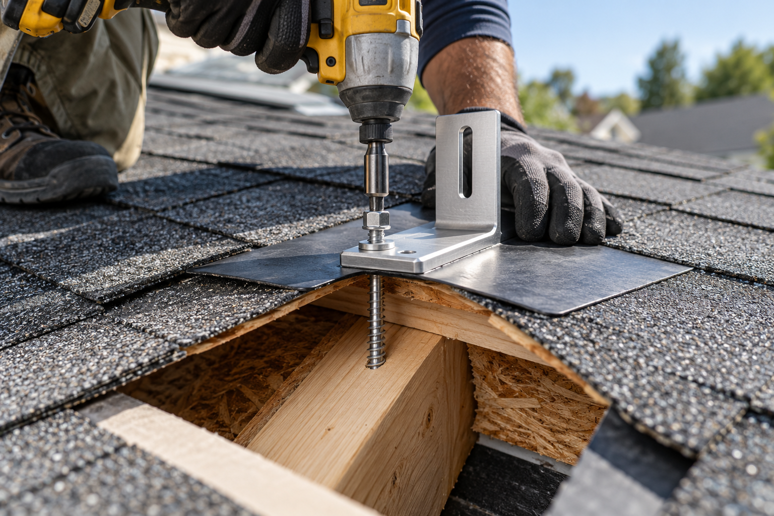 Solar installer placing a lag screw through flashed mounting hardware into the center of a roof rafter